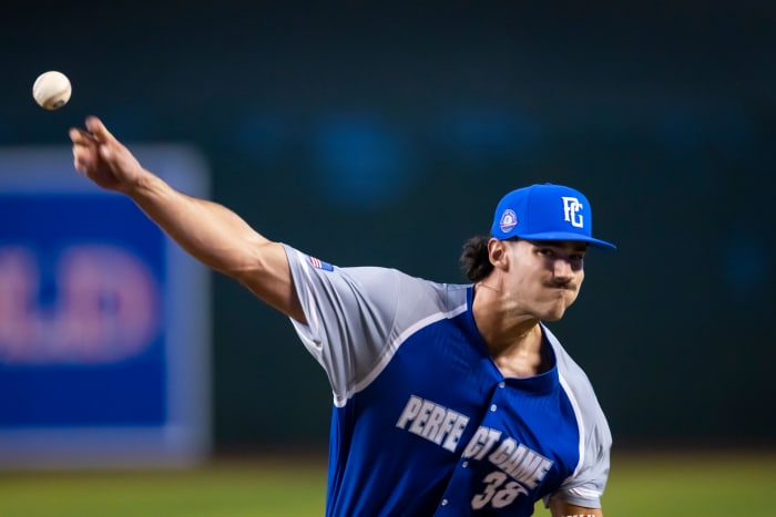 East pitcher Bryce Eldridge during the Perfect Game All-American Classic high school baseball game at Chase Field. (2022)